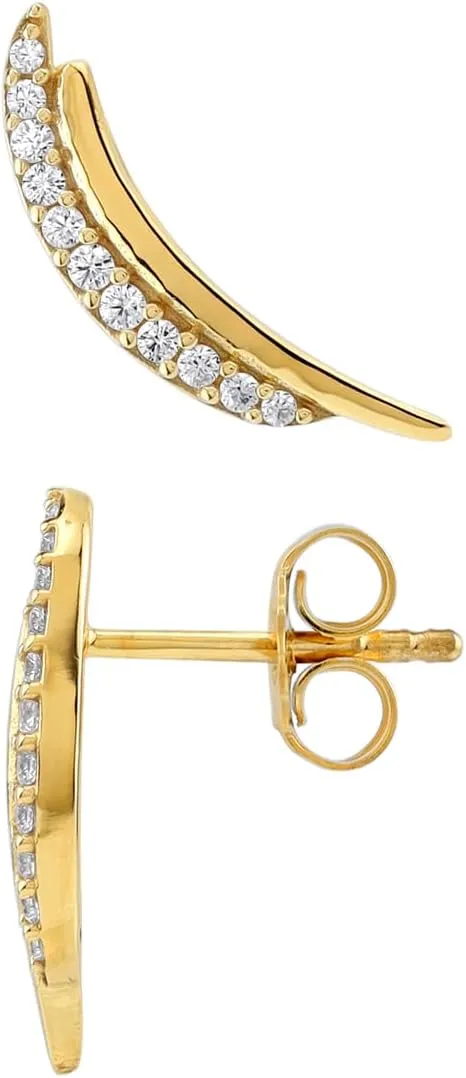 Silvershake Round Shape Gemstone White Gold Plated or Yellow Gold Plated 925 Sterling Silver Minimalist Trendy Curve/Curvy Stud Post Earrings Jewelry for Women