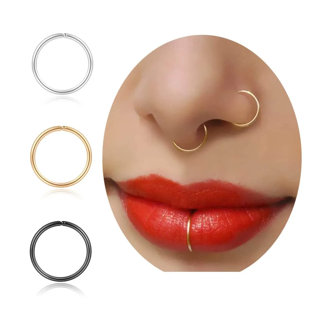 Simple 3Pcs Nose Ring Hoop Hypoallergenic,Thin Nose Piercing Jewelry,Tiny Hoop for Ear Cartilage Helix Tragus,Set of 3Pcs,Inner Size 8mm Hoop)