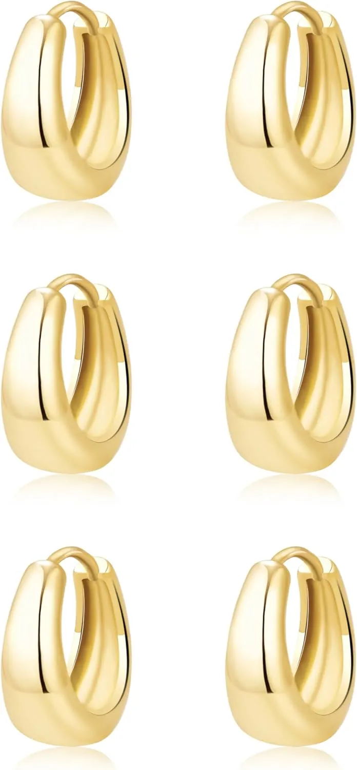 Small Hoop Earrings for Women Hypoallergenic Chunky 14K Real Gold Plated Huggie Cartilage Drop Earrings Set for Multiple Piercing Cute Trendy Lightweight Jewelry