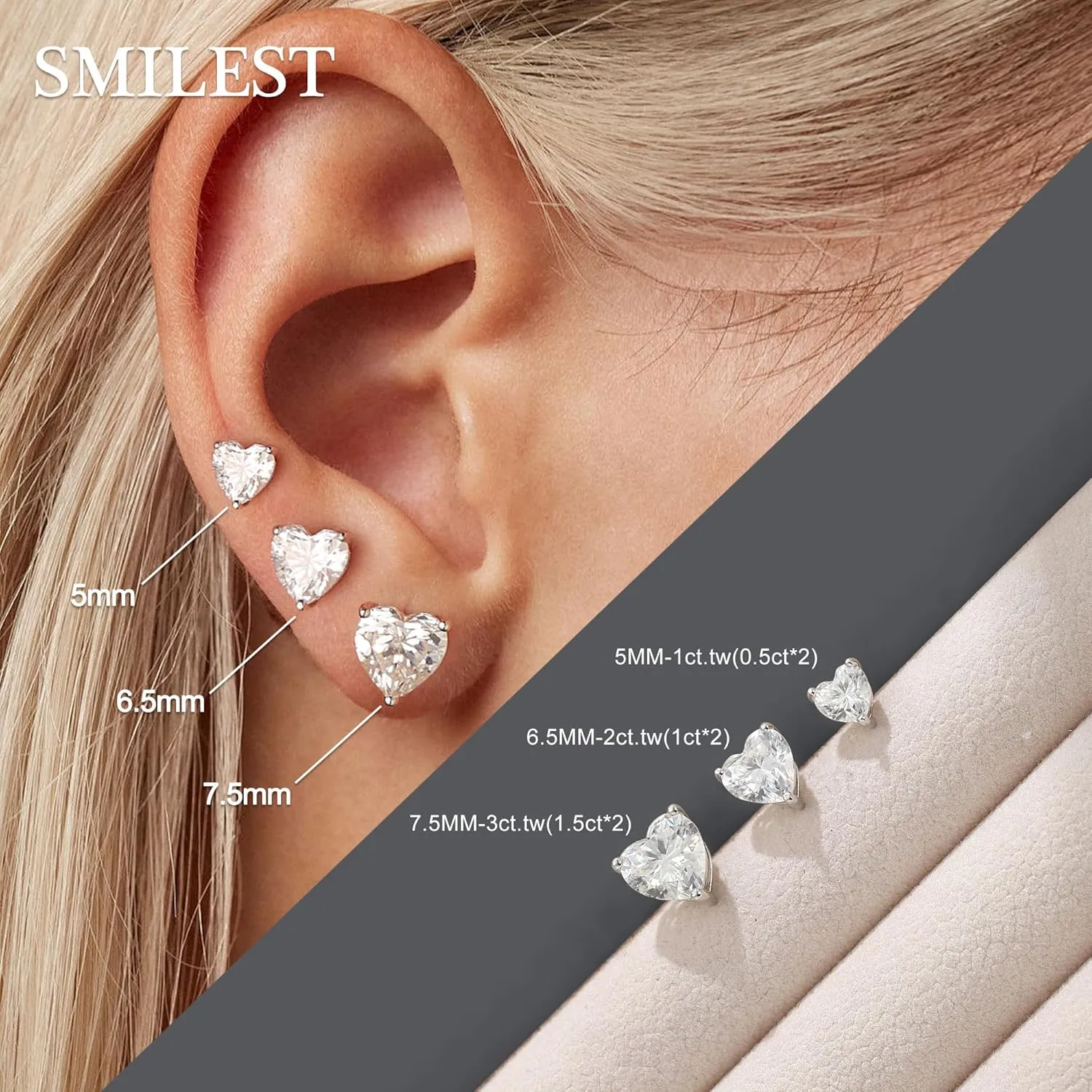SMILEST Valentines Day Gifts for Her, 1-3ct Heart Moissanite Stud Earrings for Women Men, Brilliant Heart D Color VVS1 Clarity Lab Created Moissanite Earrings 925 Sterling Silver Moissanite Earrings
