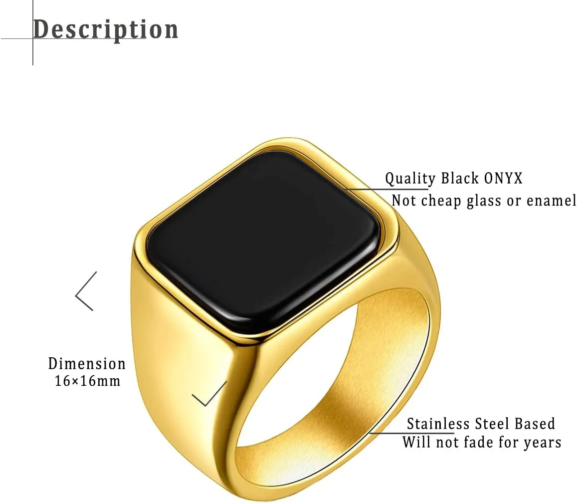 Solid Stainless Steel Mens Signet Ring Setting with Black Onyx/Turquoise Classic Band Rings Gift Size 7-13
