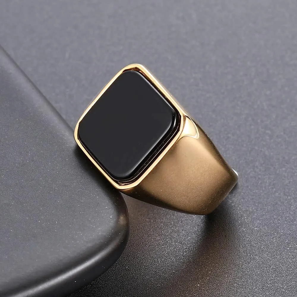 Solid Stainless Steel Mens Signet Ring Setting with Black Onyx/Turquoise Classic Band Rings Gift Size 7-13