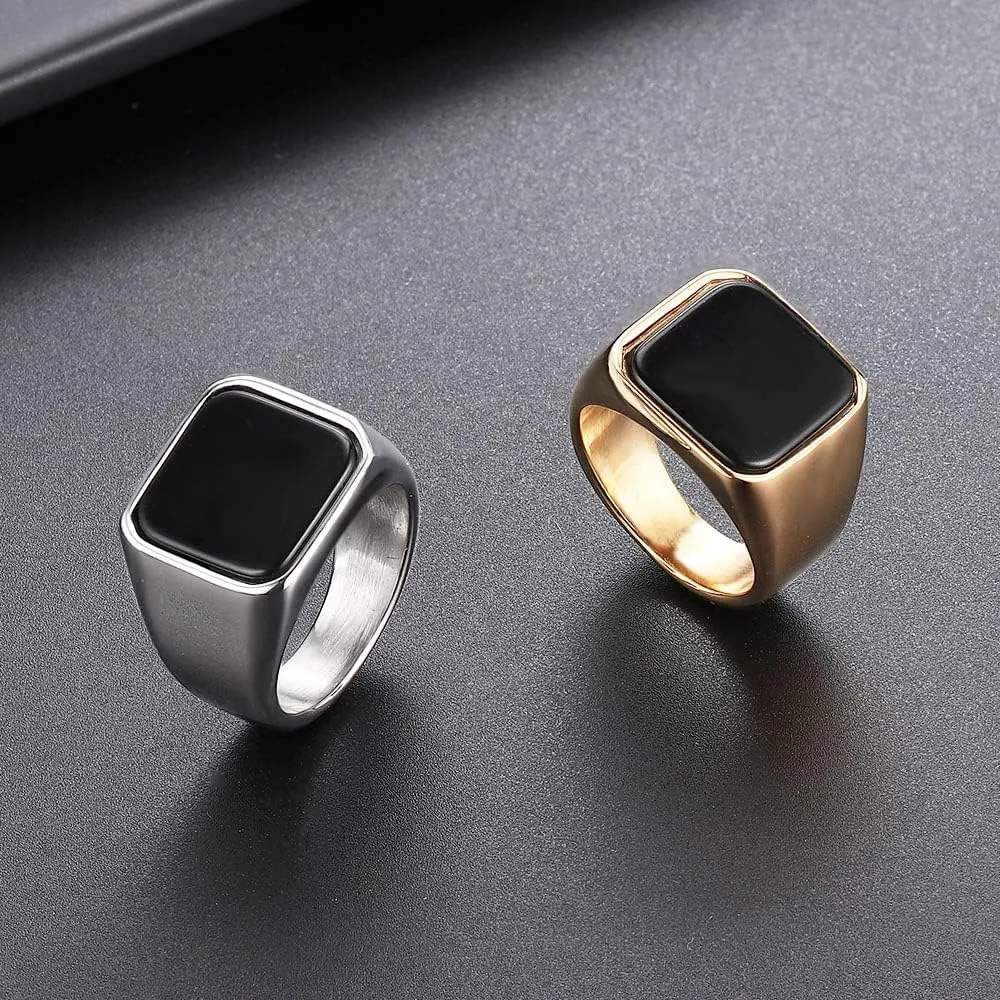 Solid Stainless Steel Mens Signet Ring Setting with Black Onyx/Turquoise Classic Band Rings Gift Size 7-13