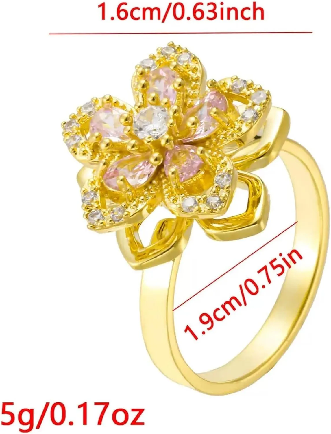 Spinning Flower Ring for Women Fidget Ring Gold Anxiety Crystal Rings Cubic Zirconia Sunflower Rings Open Adjustable Spinner Flower Ring for Men Trendy Jewelry