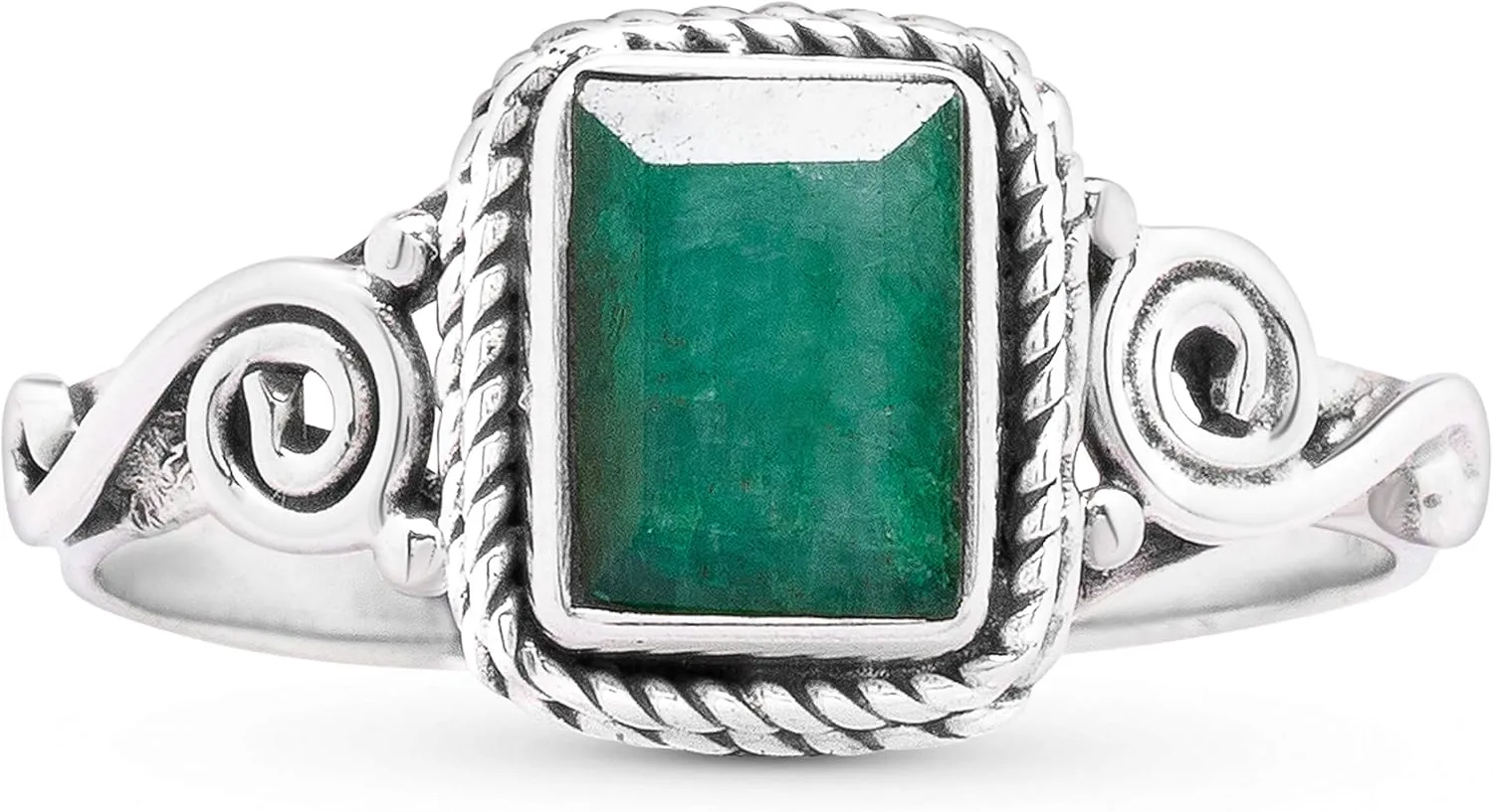 Square Created Emerald 925 Sterling Silver Ring - Delicate BOHO Chic Jewelry - Fashionable and Stylish for Women with Velvet Gift Bag - Made by Indian Artisans - Size 6-9