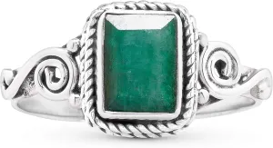 Square Created Emerald 925 Sterling Silver Ring - Delicate BOHO Chic Jewelry - Fashionable and Stylish for Women with Velvet Gift Bag - Made by Indian Artisans - Size 6-9