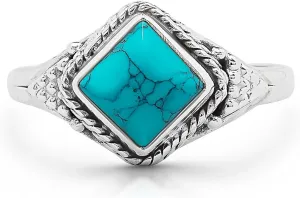 Square Synthetic Turquoise 925 Sterling Silver Ring - Delicate BOHO Chic Jewelry - Fashionable and Stylish for Girls and Women with Velvet Gift Bag / Box - Made by Indian Artisans - Size 5-9 By Koral Jewelry