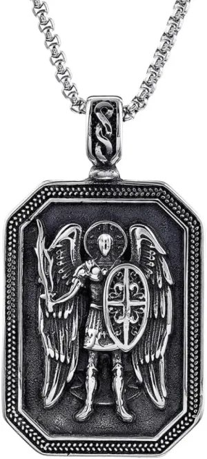 St. Michael Necklace for Men, Stainless Steel Catholic Protection Pendant, Archangel Michael Medallion Religious Jewelry Gift for Him