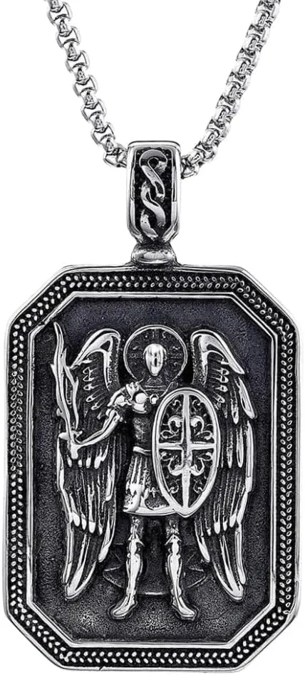 St. Michael Necklace for Men, Stainless Steel Catholic Protection Pendant, Archangel Michael Medallion Religious Jewelry Gift for Him