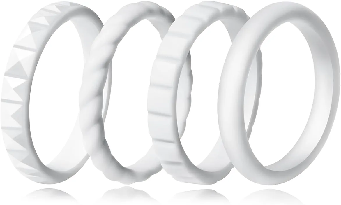 Stackable Silicone Wedding Bands for Her - Comfortable Braided Thin Rubber Promise Rings - 4 Rings