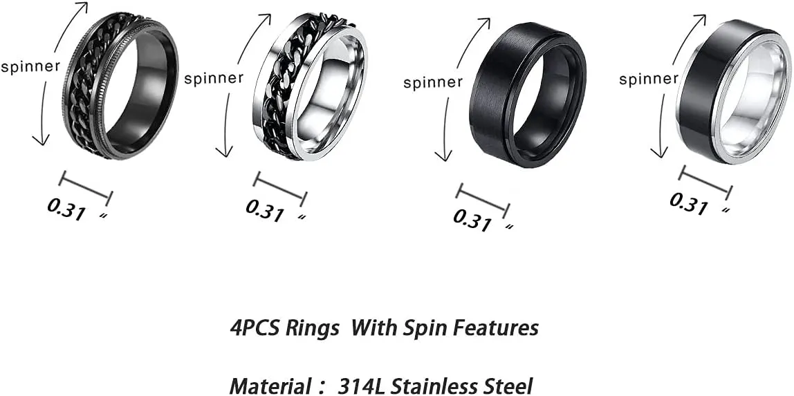 Stainless Steel Ring Set (4pcs Band), Men's Wedding Rings, Cool Spinner Rings, Black, Silver, Gold, Blue, 8mm Width, Unisex
