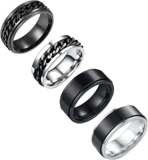 Stainless Steel Ring Set (4pcs Band), Men's Wedding Rings, Cool Spinner Rings, Black, Silver, Gold, Blue, 8mm Width, Unisex