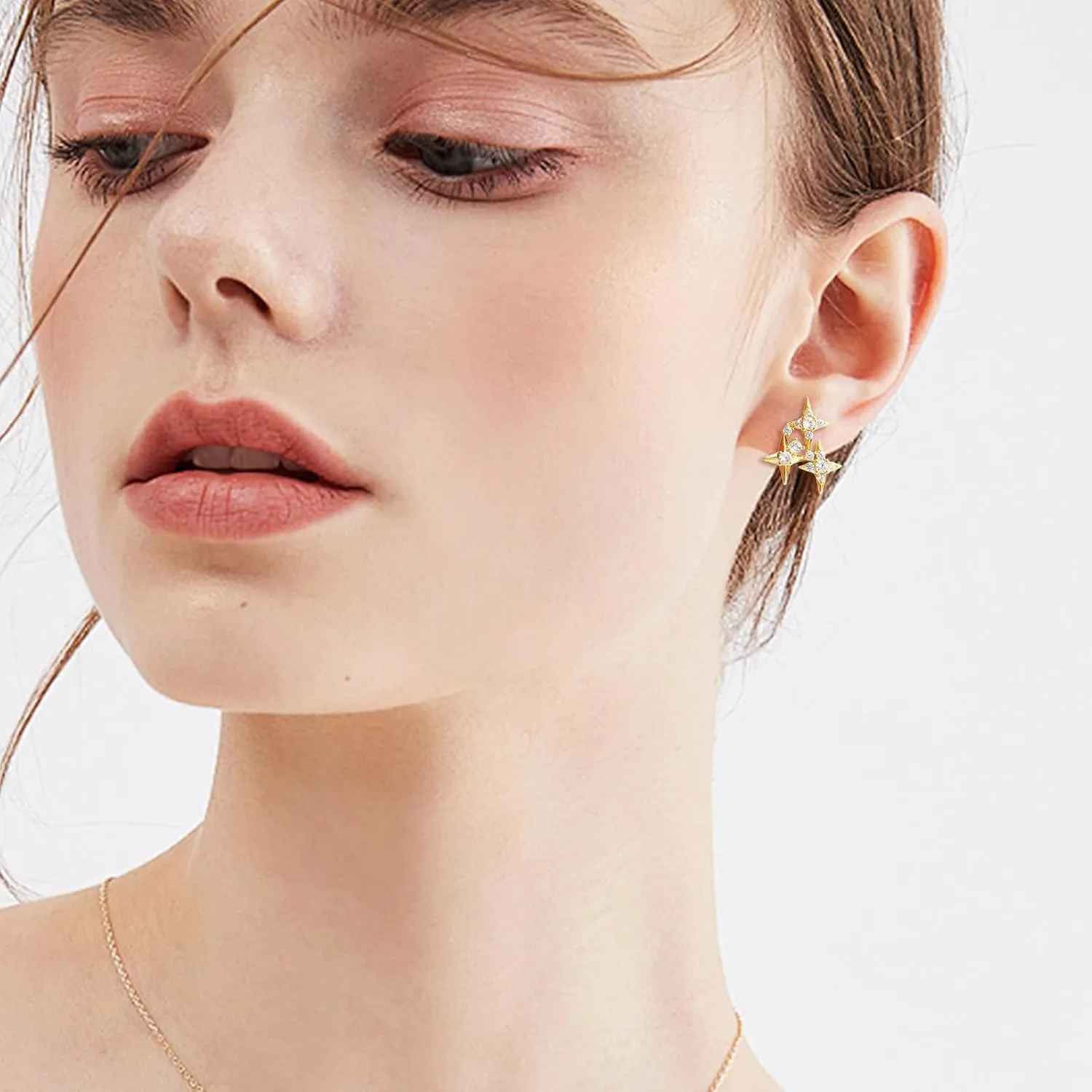 Star Stud Earrings for Woman, Dainty Sparkly Cubic Zirconia Rhinestone Minimalist Hypoallergenic Earing Wedding Bridal Prom Fashion Jewelry Gifts