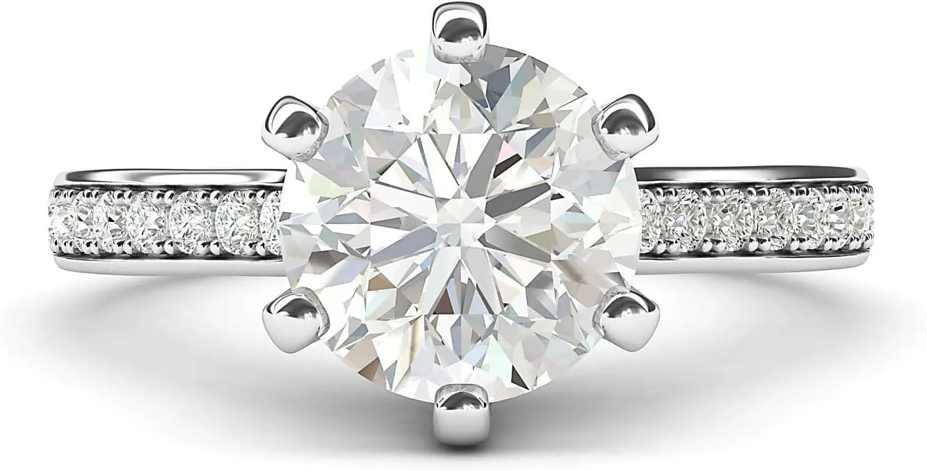 Sterling Silver 2 Carats Classic 6-Prong Simulated Diamond or Moissante Engagement Ring Side Stones Promise Bridal Ring