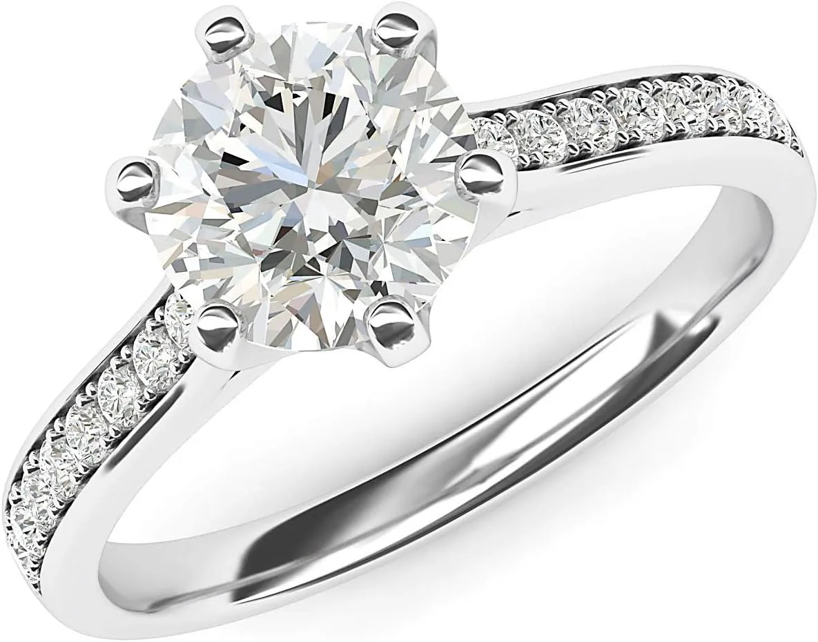 Sterling Silver 2 Carats Classic 6-Prong Simulated Diamond or Moissante Engagement Ring Side Stones Promise Bridal Ring