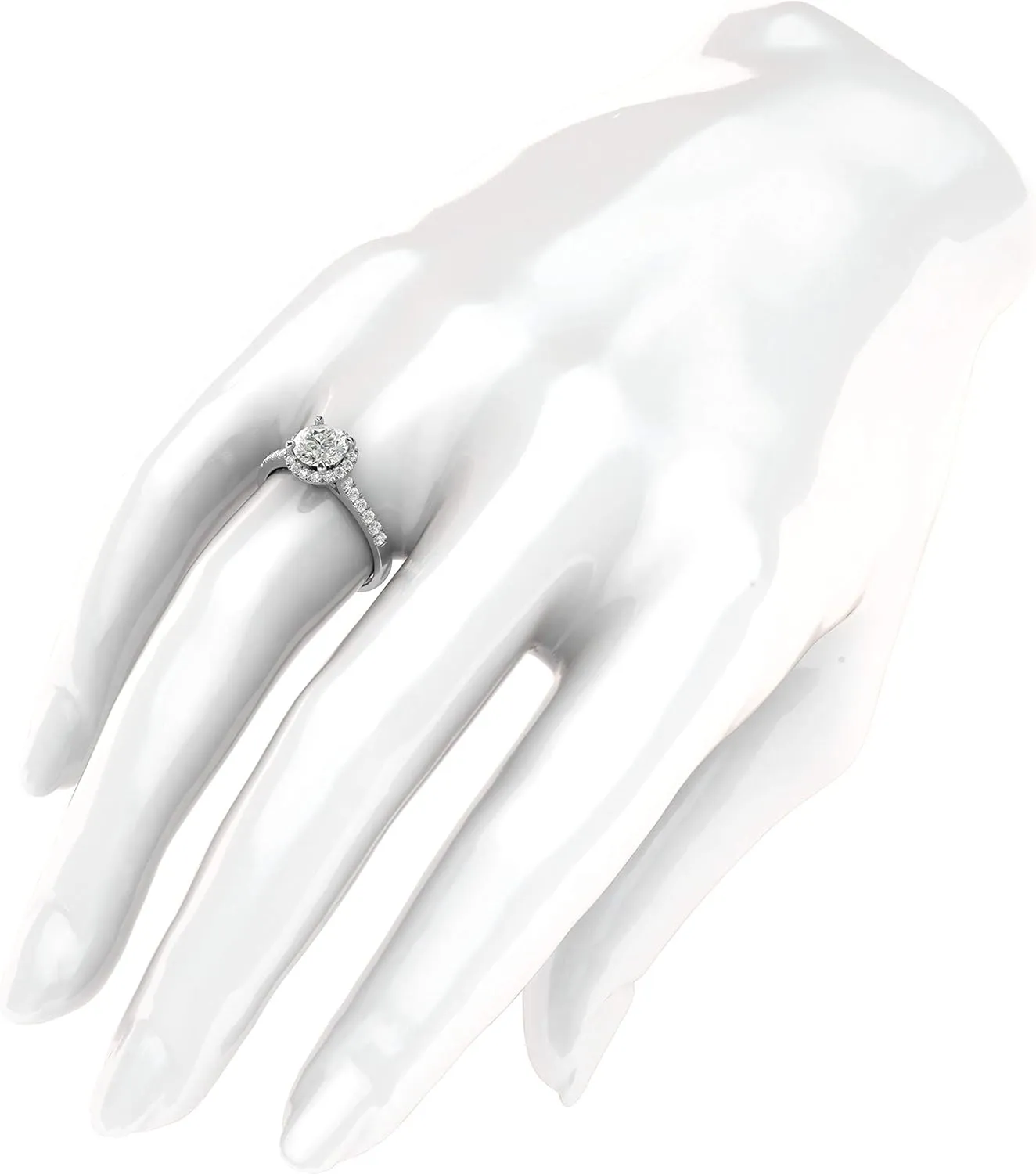 Sterling Silver Classic Simulated Round Brilliant Cut Diamond or Moissante Halo Engagement Ring with Side Stones