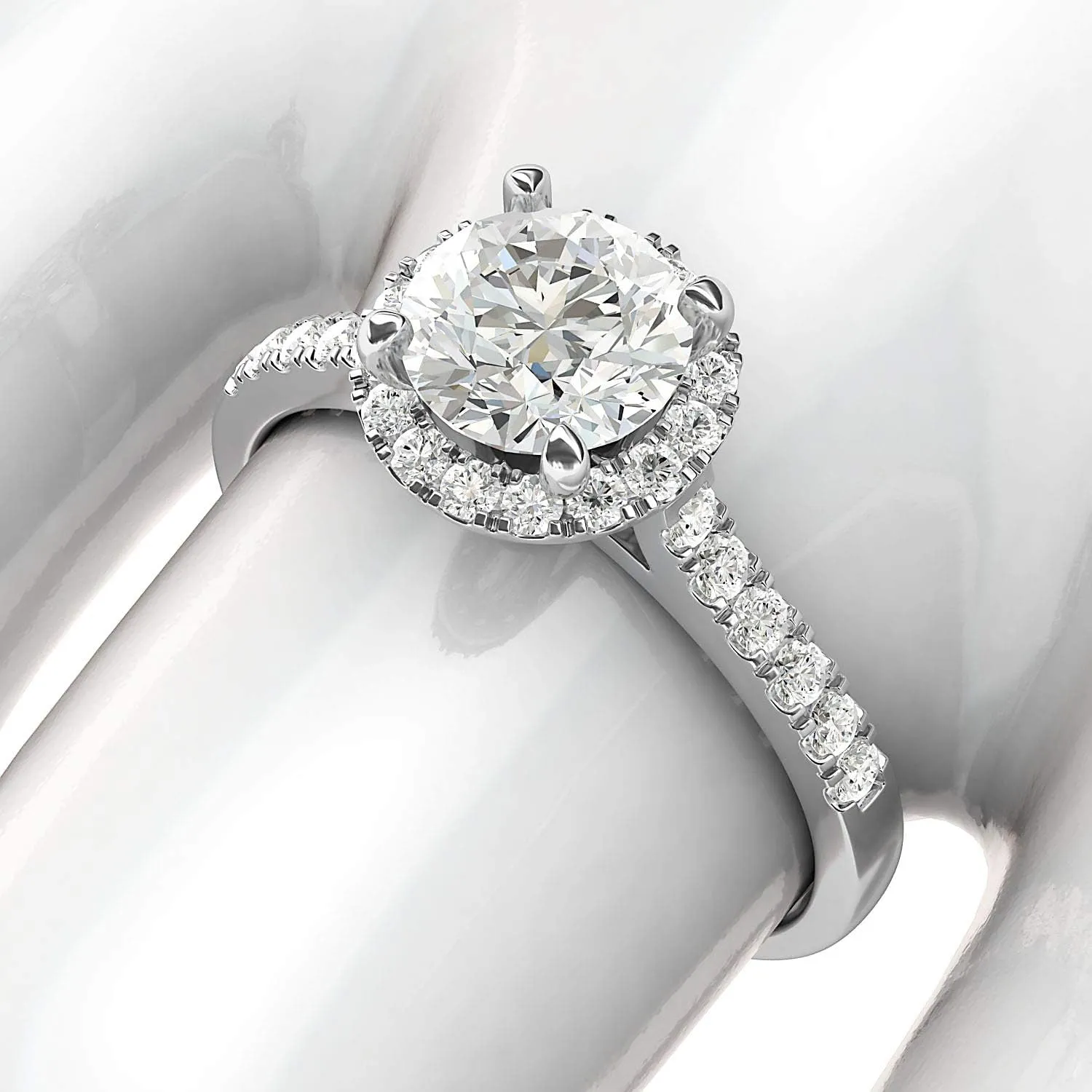 Sterling Silver Classic Simulated Round Brilliant Cut Diamond or Moissante Halo Engagement Ring with Side Stones