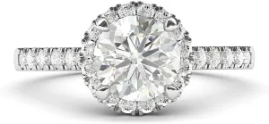 Sterling Silver Classic Simulated Round Brilliant Cut Diamond or Moissante Halo Engagement Ring with Side Stones