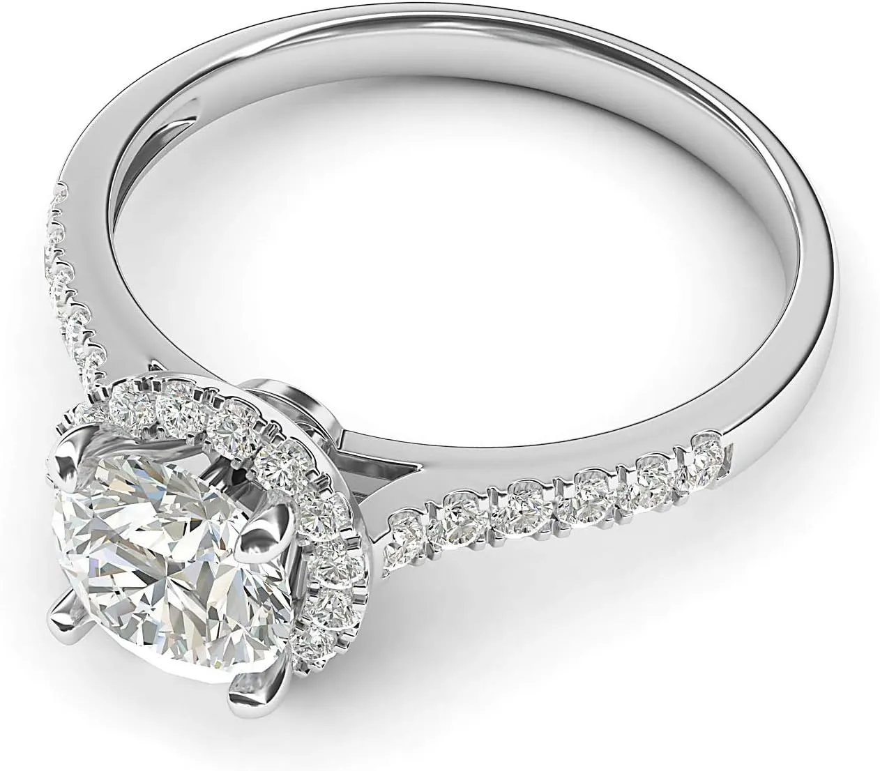 Sterling Silver Classic Simulated Round Brilliant Cut Diamond or Moissante Halo Engagement Ring with Side Stones