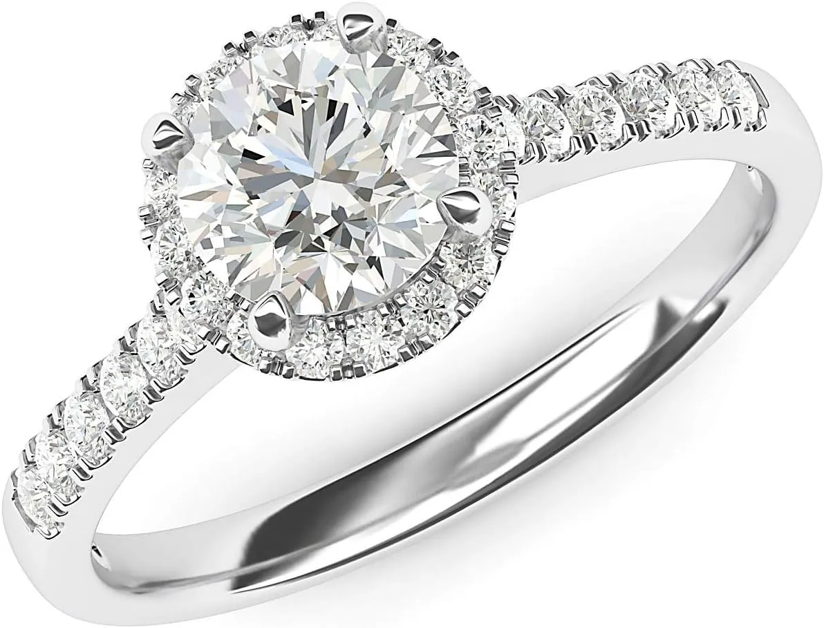 Sterling Silver Classic Simulated Round Brilliant Cut Diamond or Moissante Halo Engagement Ring with Side Stones
