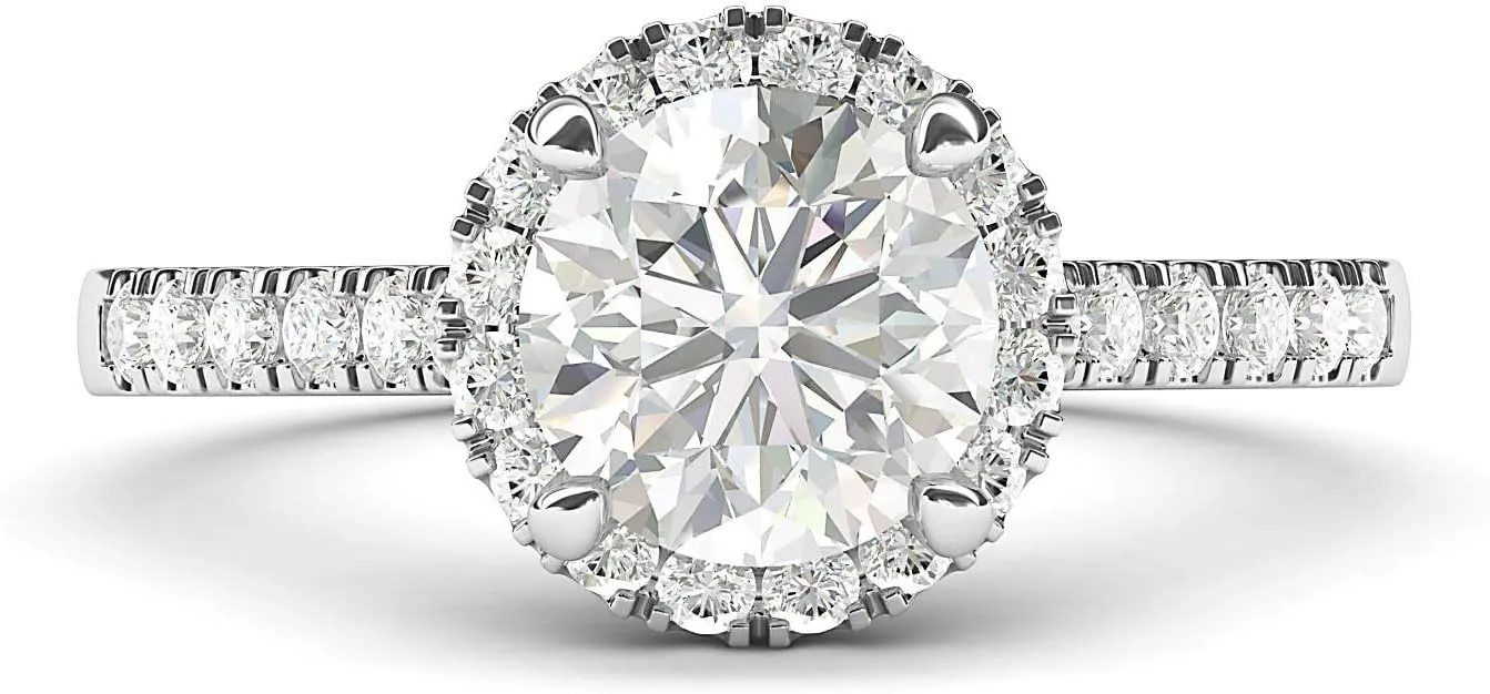 Sterling Silver Classic Simulated Round Brilliant Cut Diamond or Moissante Halo Engagement Ring with Side Stones