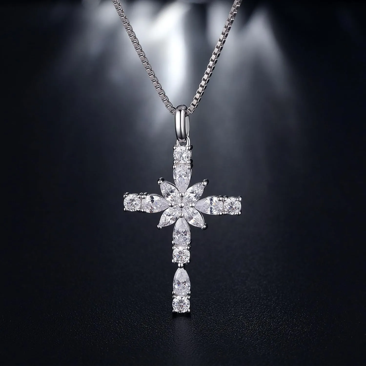 Sterling Silver Cross Necklace for Women, 12 Birth Stone Color Cubic Zirconia Double Cross Pendant Faith Jesus Christians Jewelry
