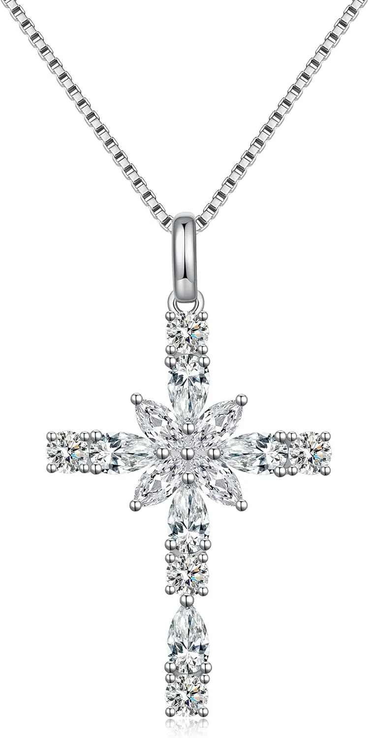 Sterling Silver Cross Necklace for Women, 12 Birth Stone Color Cubic Zirconia Double Cross Pendant Faith Jesus Christians Jewelry
