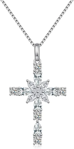 Sterling Silver Cross Necklace for Women, 12 Birth Stone Color Cubic Zirconia Double Cross Pendant Faith Jesus Christians Jewelry