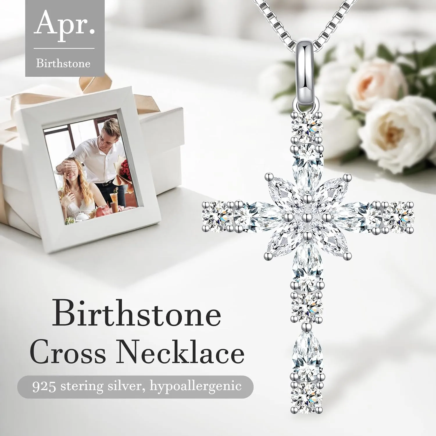 Sterling Silver Cross Necklace for Women, 12 Birth Stone Color Cubic Zirconia Double Cross Pendant Faith Jesus Christians Jewelry