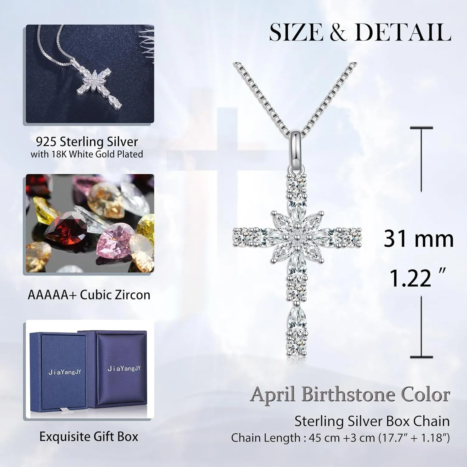 Sterling Silver Cross Necklace for Women, 12 Birth Stone Color Cubic Zirconia Double Cross Pendant Faith Jesus Christians Jewelry