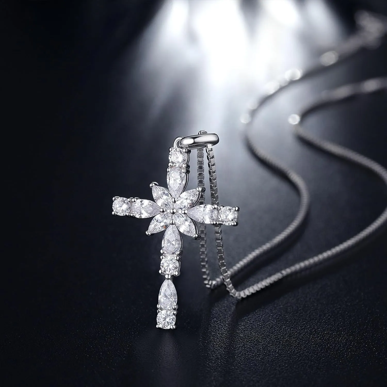 Sterling Silver Cross Necklace for Women, 12 Birth Stone Color Cubic Zirconia Double Cross Pendant Faith Jesus Christians Jewelry