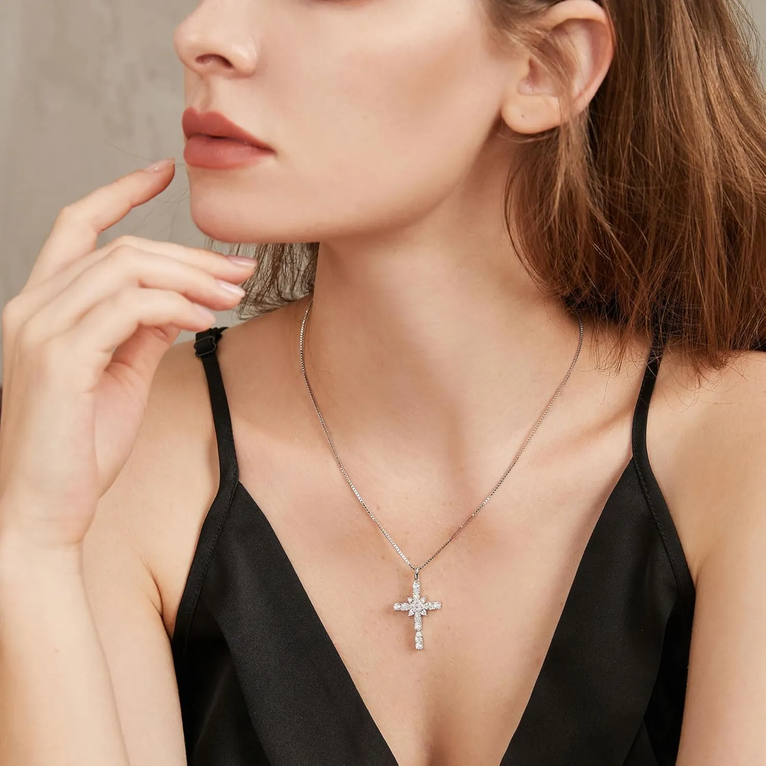 Sterling Silver Cross Necklace for Women, 12 Birth Stone Color Cubic Zirconia Double Cross Pendant Faith Jesus Christians Jewelry