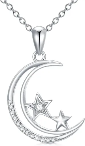 Sterling Silver Diamond Moon Star Pendant Necklace for Women Moon Necklace with Real Diamonds Jewelry Gift for Her