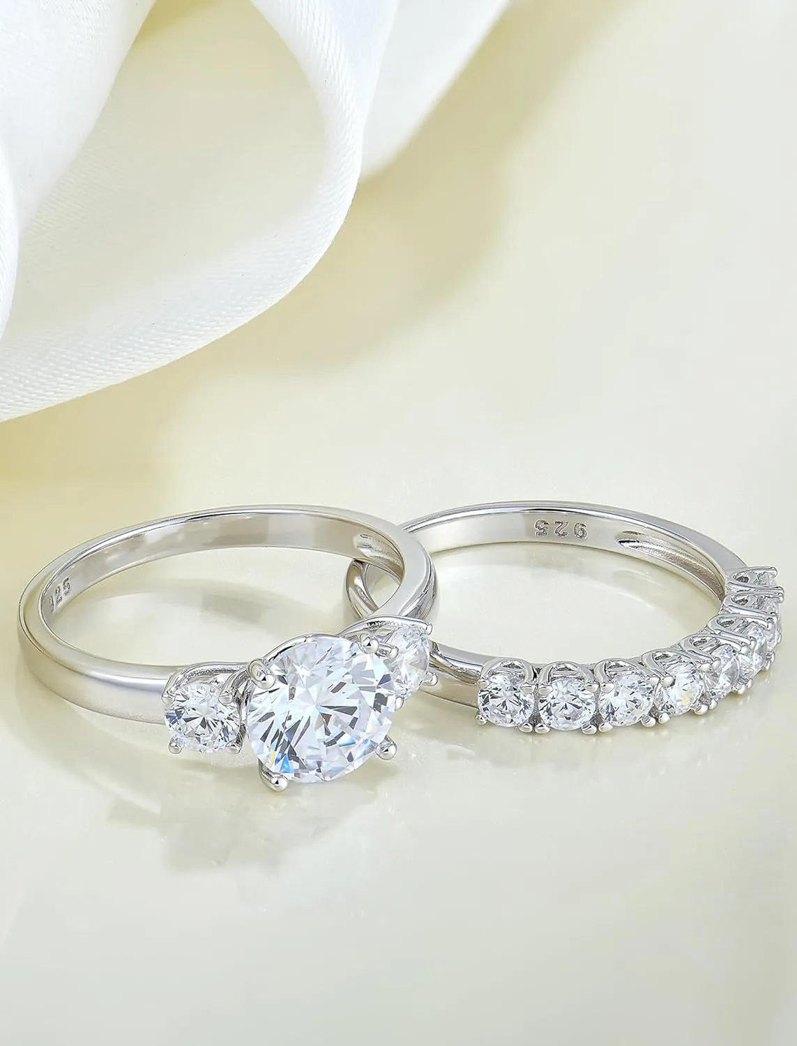 Sterling Silver Engagement Rings Set for Women, Dainty Round Cut Stone Wedding Rings for Bridal Cubic Zirconia Promise Rings Gift