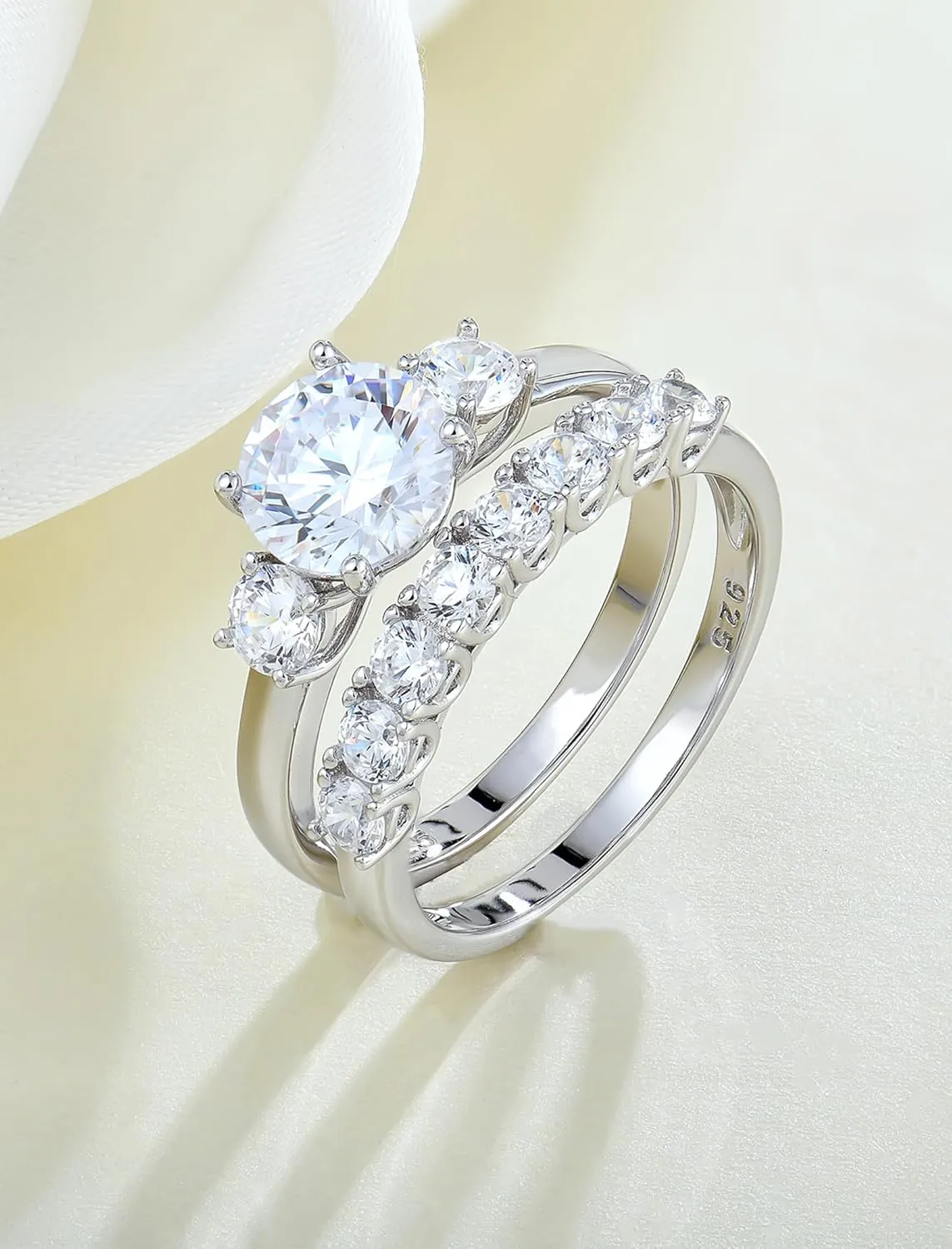 Sterling Silver Engagement Rings Set for Women, Dainty Round Cut Stone Wedding Rings for Bridal Cubic Zirconia Promise Rings Gift