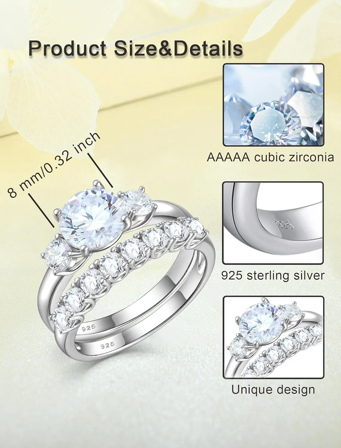 Sterling Silver Engagement Rings Set for Women, Dainty Round Cut Stone Wedding Rings for Bridal Cubic Zirconia Promise Rings Gift