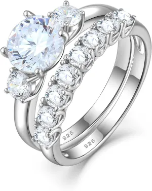 Sterling Silver Engagement Rings Set for Women, Dainty Round Cut Stone Wedding Rings for Bridal Cubic Zirconia Promise Rings Gift