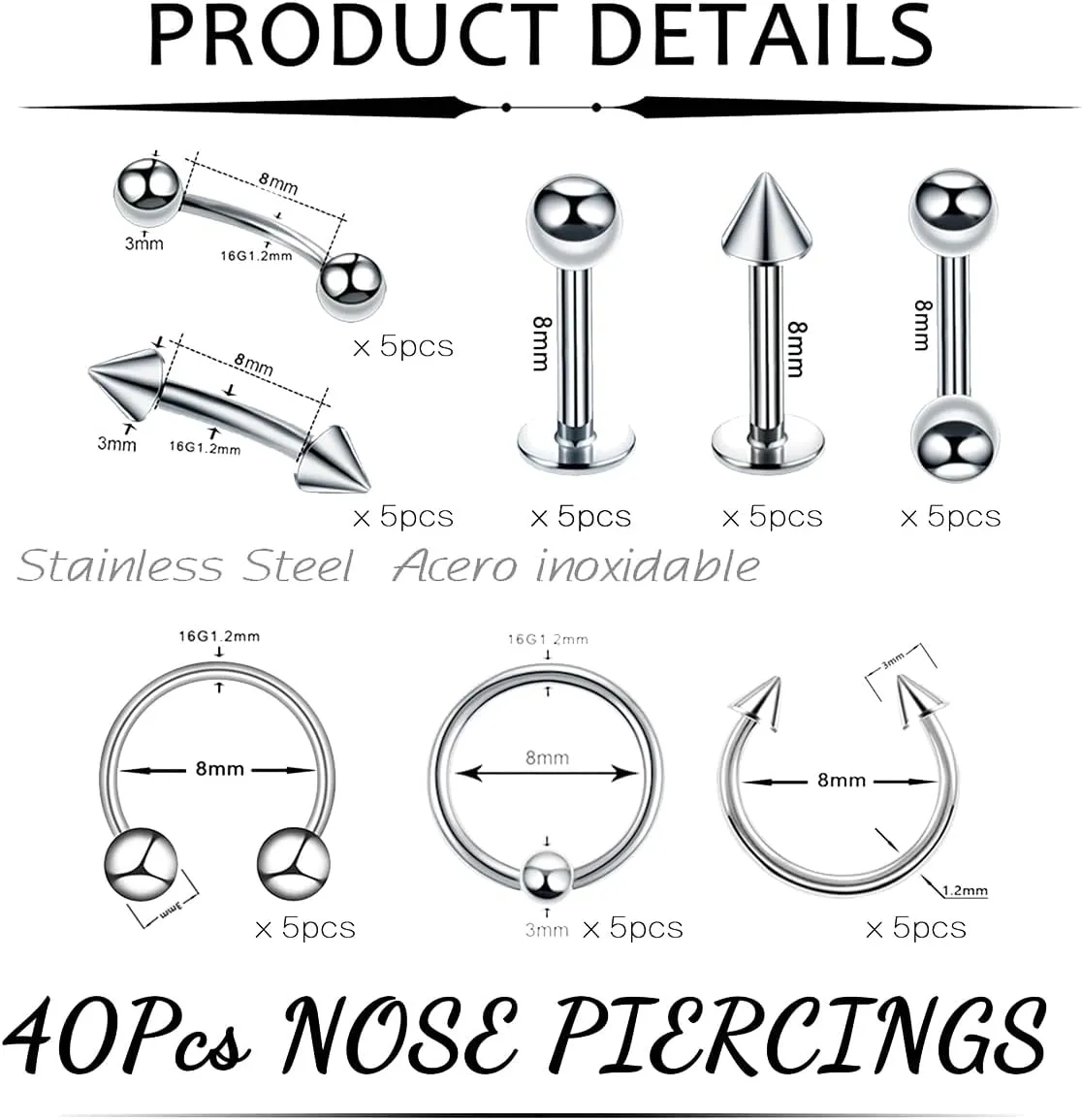 Straight Surgical Stainless Rhinestone Hypoallergenic Surgical Stainless Nostrial Piercing Jewelry Multicolor 24 pcs