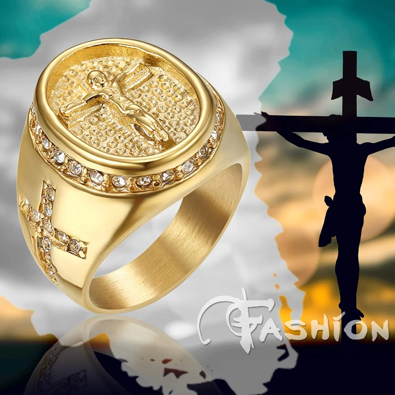Stylish Classic Jesus Cross Crucifix Ring for Men Gold Plated Stainless Steel Ring Size 8 to 13