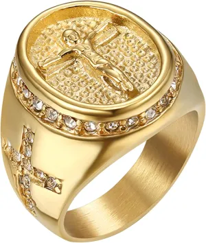Stylish Classic Jesus Cross Crucifix Ring for Men Gold Plated Stainless Steel Ring Size 8 to 13