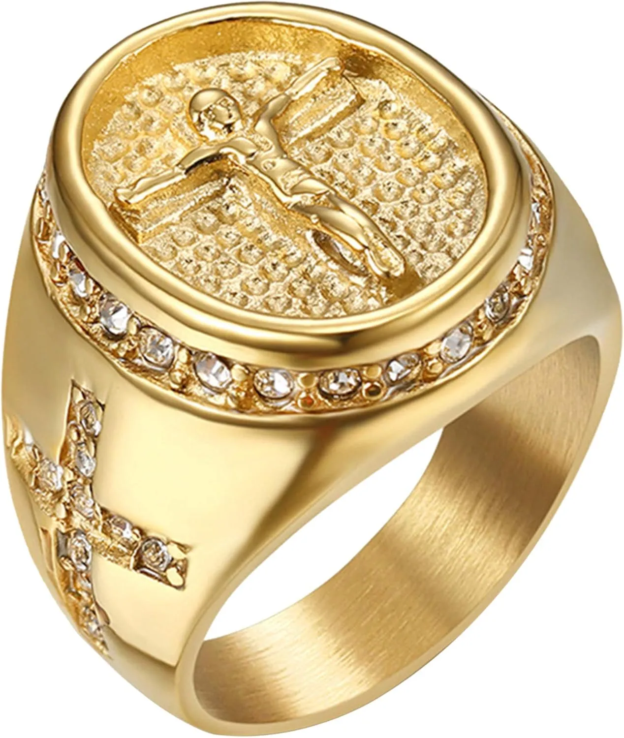 Stylish Classic Jesus Cross Crucifix Ring for Men Gold Plated Stainless Steel Ring Size 8 to 13