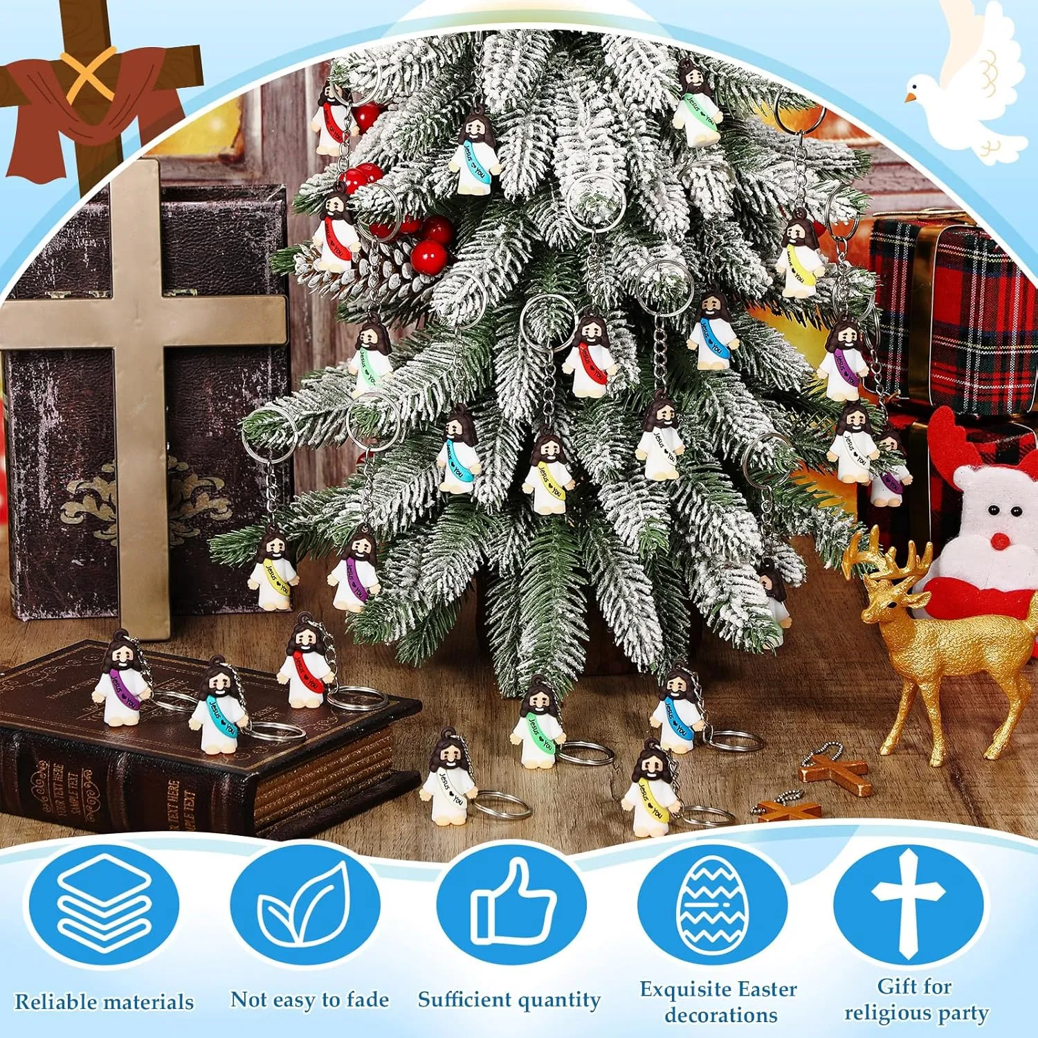 Sumind 48 Pcs Jesus Toys Figurine Christian Keychain Jesus Doll Religious Keychain Bulk Classic Christian Rings for Christ