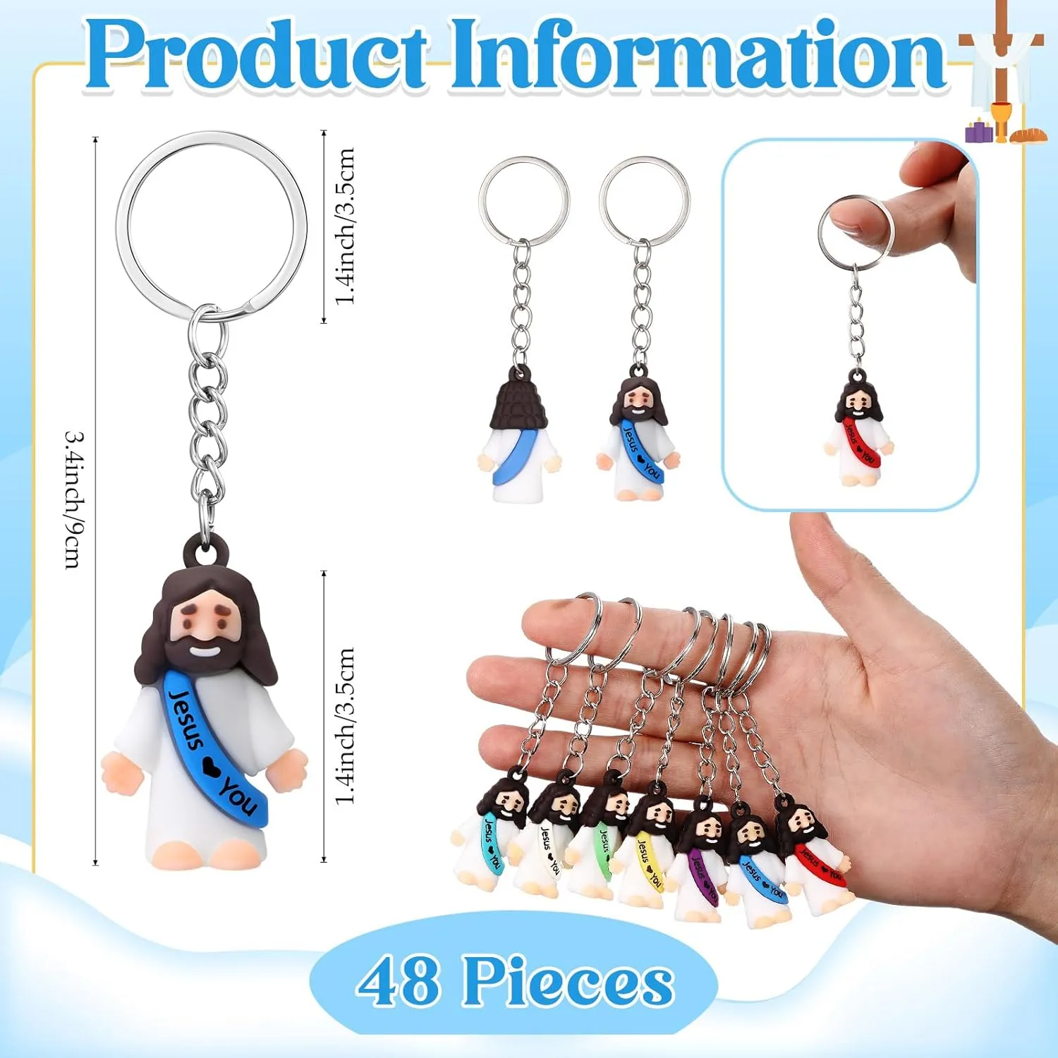 Sumind 48 Pcs Jesus Toys Figurine Christian Keychain Jesus Doll Religious Keychain Bulk Classic Christian Rings for Christ