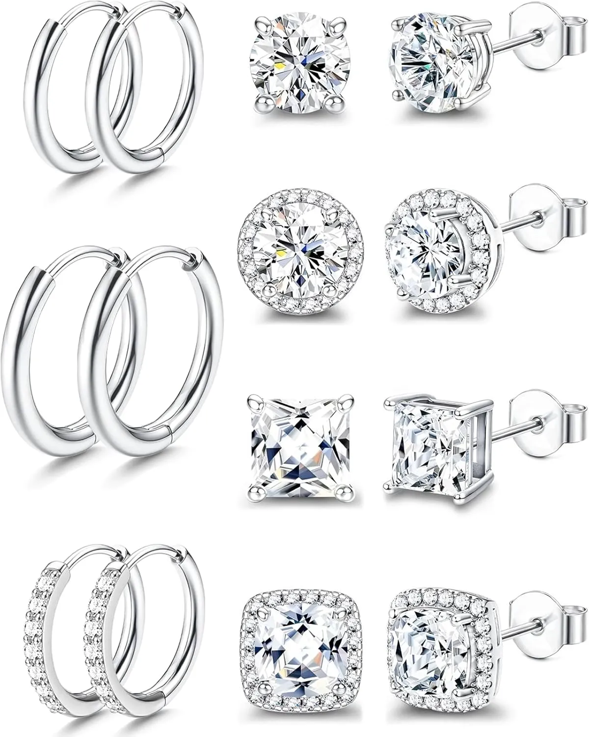 Surgical Steel Stud Earrings for Women Men, 18K White Gold Plated Hypoallergenic Cubic Zirconia Earrings Studs & Hoops Set, Big Brilliant Simulated Diamond CZ Halo Stud Earrings for Sensitive Ears