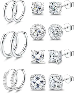 Surgical Steel Stud Earrings for Women Men, 18K White Gold Plated Hypoallergenic Cubic Zirconia Earrings Studs & Hoops Set, Big Brilliant Simulated Diamond CZ Halo Stud Earrings for Sensitive Ears