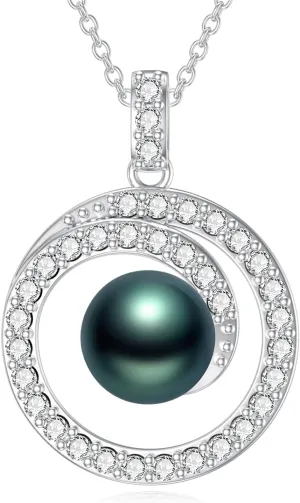 Tahitian Black Pearl Necklaces for Women Platinum Plated Silver Infinity 9mm Black Pearl Pendant Necklace