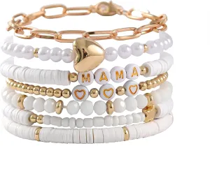 tenghong2021 Boho Multiple Layers Mama Metal Love Pendant Bracelets for Women Surfer Polymer Clay Heishi Stackable Beaded Elastic Bracelets for Women Summer Beach Jewelry Set