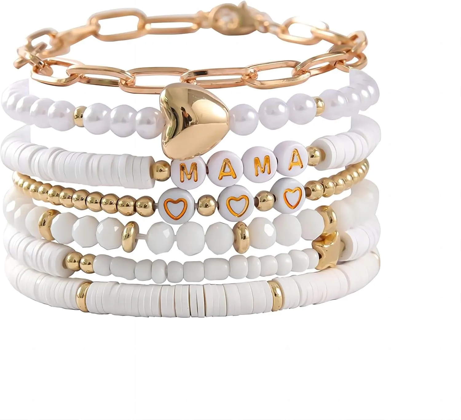 tenghong2021 Boho Multiple Layers Mama Metal Love Pendant Bracelets for Women Surfer Polymer Clay Heishi Stackable Beaded Elastic Bracelets for Women Summer Beach Jewelry Set