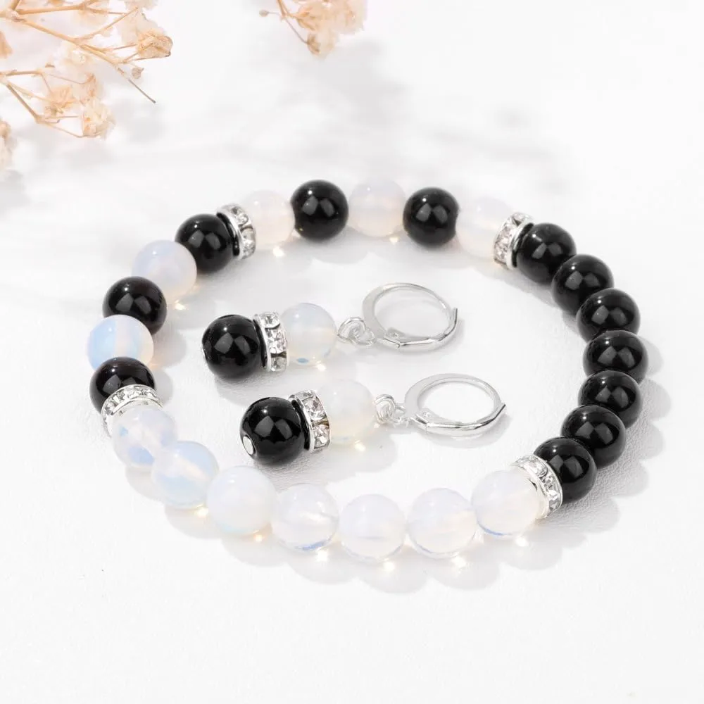 tenghong2021 Natural Stone Beaded Healing Stretch Bracelet Earrings Set for Women Elastic Beads Dangle Earrings Bracelet for Women Relieves Stress Anxiety Prayer Jewelry Gift