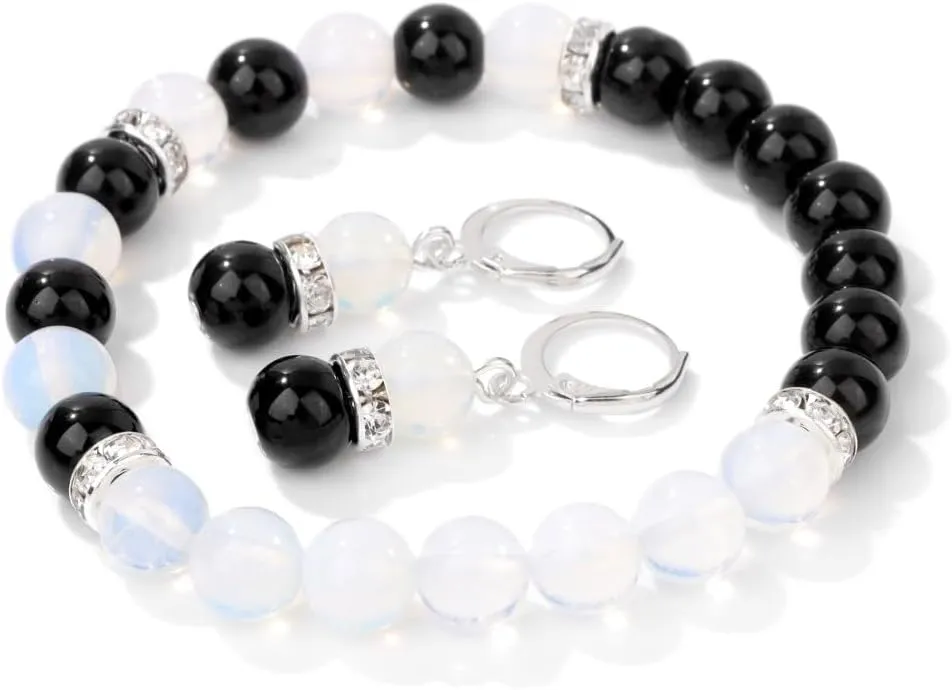 tenghong2021 Natural Stone Beaded Healing Stretch Bracelet Earrings Set for Women Elastic Beads Dangle Earrings Bracelet for Women Relieves Stress Anxiety Prayer Jewelry Gift
